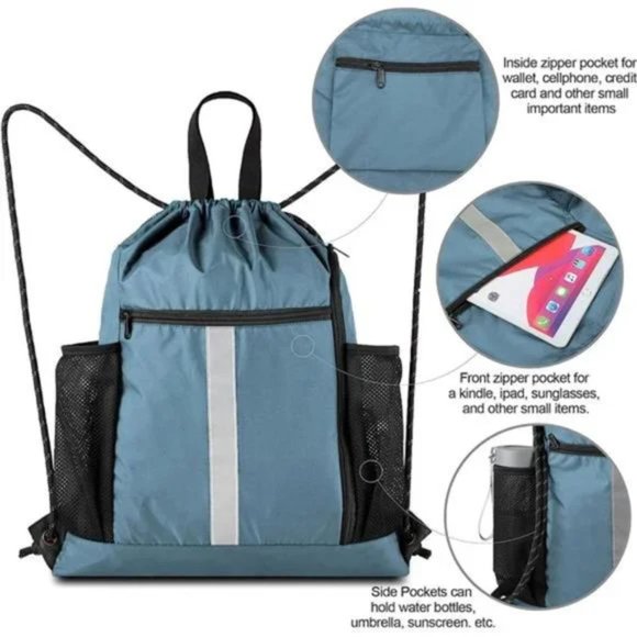 New Drawstring Backpack Sports Gym Bag Blue - Picture 5 of 7